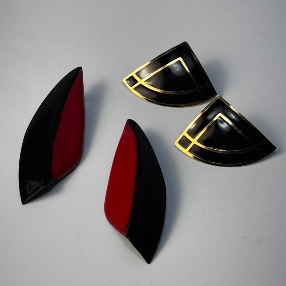 Vintage Earrings Red Black Gold Tone Abstract 1980s Maximalism Avant‎ Gard